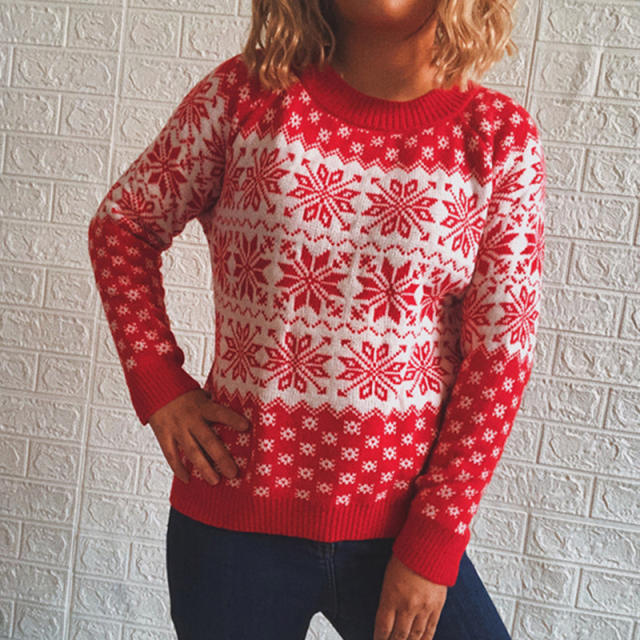 Autumn Winter Classic Christmas Sweater Snowflake Long-Sleeved Round Neck Knitted Pullover for Women