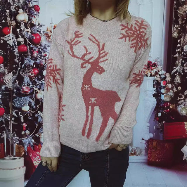 Autumn Winter Crewneck Long Sleeve Christmas Sweater Snowflake Fawn Jacquard Knitted Pullover