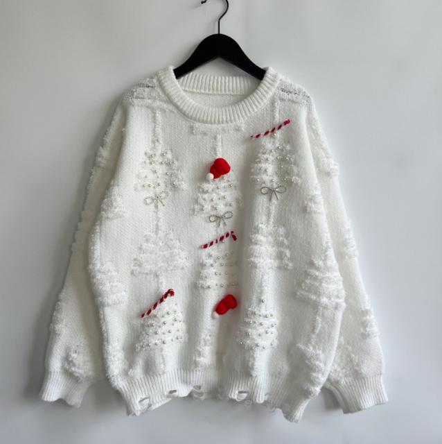 Handmade Pearl Christmas Theme Sweater Three-dimensional Decoration New Year Holiday Sweater