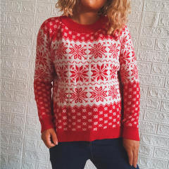 Autumn Winter Classic Christmas Sweater Snowflake Long-Sleeved Round Neck Knitted Pullover for Women