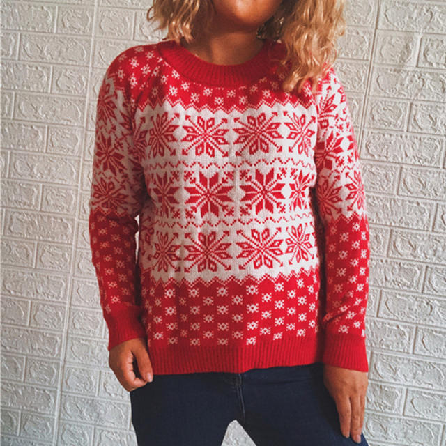 Autumn Winter Classic Christmas Sweater Snowflake Long-Sleeved Round Neck Knitted Pullover for Women