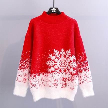 New Autumn Sweater Round Neck Long Sleeve Snowflake Christmas Knitted New Year Women's Sweater
