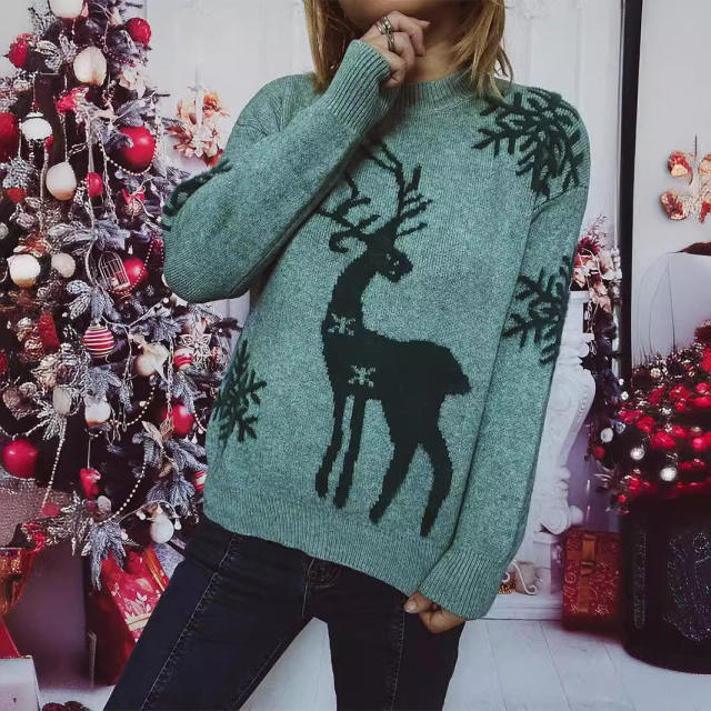 Autumn Winter Crewneck Long Sleeve Christmas Sweater Snowflake Fawn Jacquard Knitted Pullover
