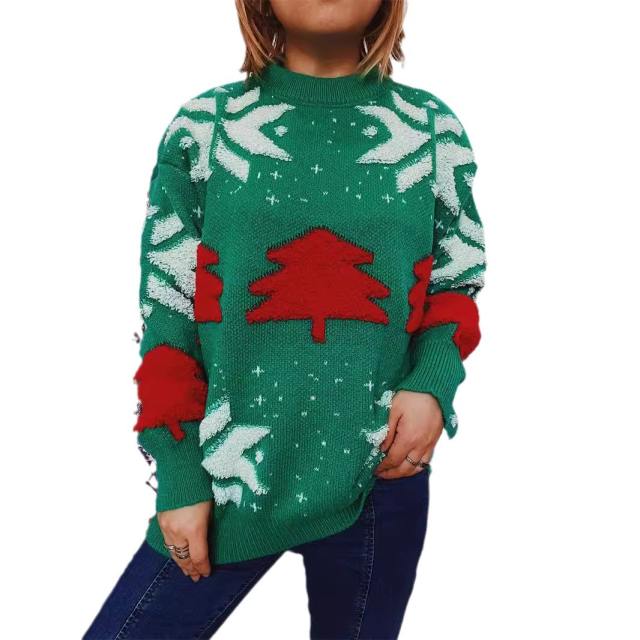 Autumn Winter Christmas Tree Jacquard Crewneck Long Sleeve Thickened Knitted Pullover Christmas Sweater