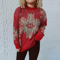 New Year Festival Pullover Gold Thread Brushed Jacquard Big Snowflake Elk Christmas Sweater for Women