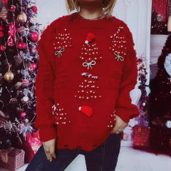 Handmade Pearl Christmas Theme Sweater Three-dimensional Decoration New Year Holiday Sweater