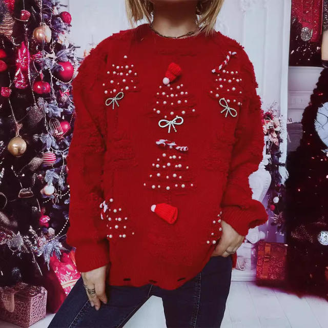 Handmade Pearl Christmas Theme Sweater Three-dimensional Decoration New Year Holiday Sweater