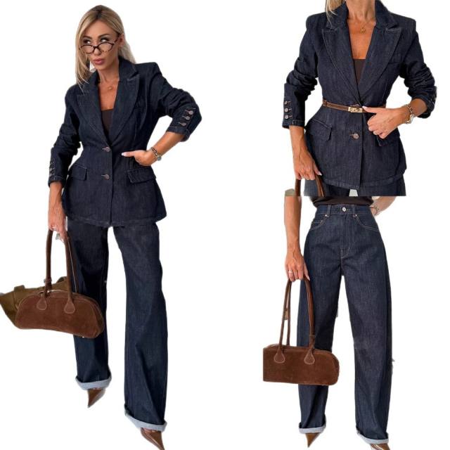 Autumn winter new dark blue denim jacket straight leg jeans suit