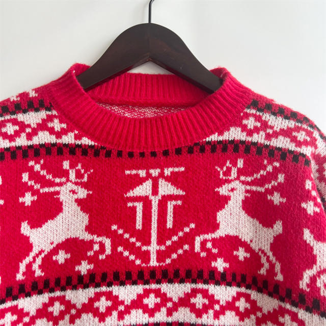 Autumn Winter Christmas Sweater Round Neck Long Sleeve Elk Pattern Knitted Pullover Top for Women