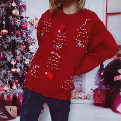 Handmade Pearl Christmas Theme Sweater Three-dimensional Decoration New Year Holiday Sweater