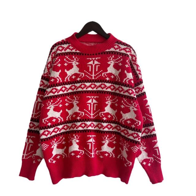 Autumn Winter Christmas Sweater Round Neck Long Sleeve Elk Pattern Knitted Pullover Top for Women
