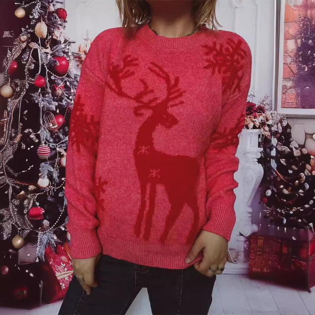 Autumn Winter Crewneck Long Sleeve Christmas Sweater Snowflake Fawn Jacquard Knitted Pullover