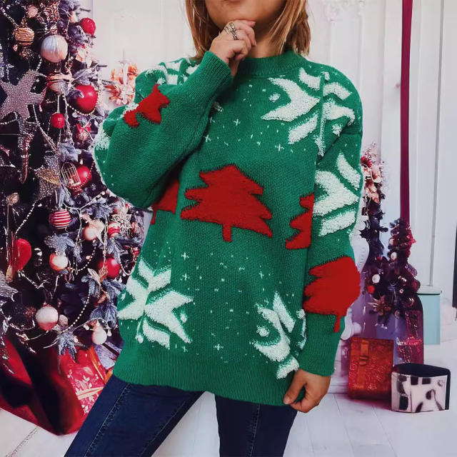 Autumn Winter Christmas Tree Jacquard Crewneck Long Sleeve Thickened Knitted Pullover Christmas Sweater