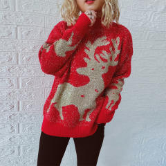New Year Festival Pullover Gold Thread Brushed Jacquard Big Snowflake Elk Christmas Sweater for Women
