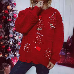 Handmade Pearl Christmas Theme Sweater Three-dimensional Decoration New Year Holiday Sweater