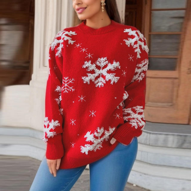 Red Christmas Sweater Women's Snowflake Embroidered Round Neck Long Sleeve Christmas Theme Pullover