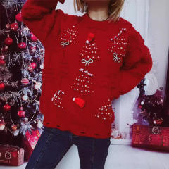 Handmade Pearl Christmas Theme Sweater Three-dimensional Decoration New Year Holiday Sweater
