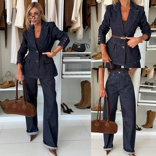 Autumn winter new dark blue denim jacket straight leg jeans suit