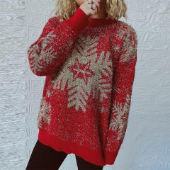 New Year Festival Pullover Gold Thread Brushed Jacquard Big Snowflake Elk Christmas Sweater for Women