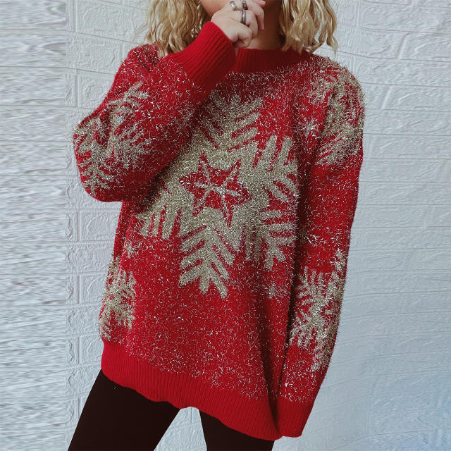 New Year Festival Pullover Gold Thread Brushed Jacquard Big Snowflake Elk Christmas Sweater for Women
