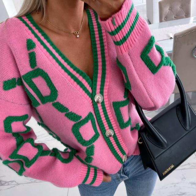 2025 Autumn Winter New Casual Contrast Letter Single-Breasted Long-Sleeved Knitted Sweater Cardigan Jacket