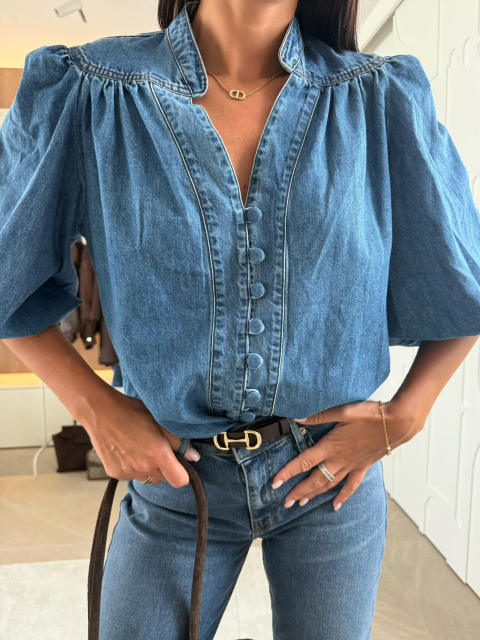 Vintage Lantern sleeves V neck denim shirt for women tops for women