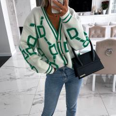 2025 Autumn Winter New Casual Contrast Letter Single-Breasted Long-Sleeved Knitted Sweater Cardigan Jacket