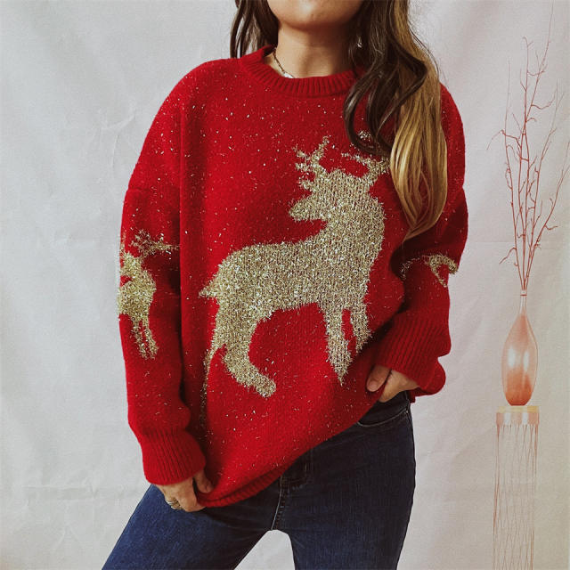 Autumn winter loose gold line jacquard deer pattern round neck long sleeve Christmas sweater
