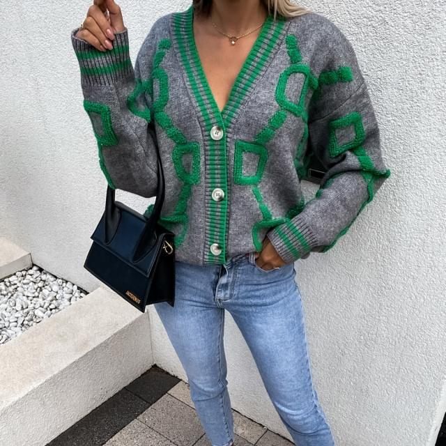 2025 Autumn Winter New Casual Contrast Letter Single-Breasted Long-Sleeved Knitted Sweater Cardigan Jacket