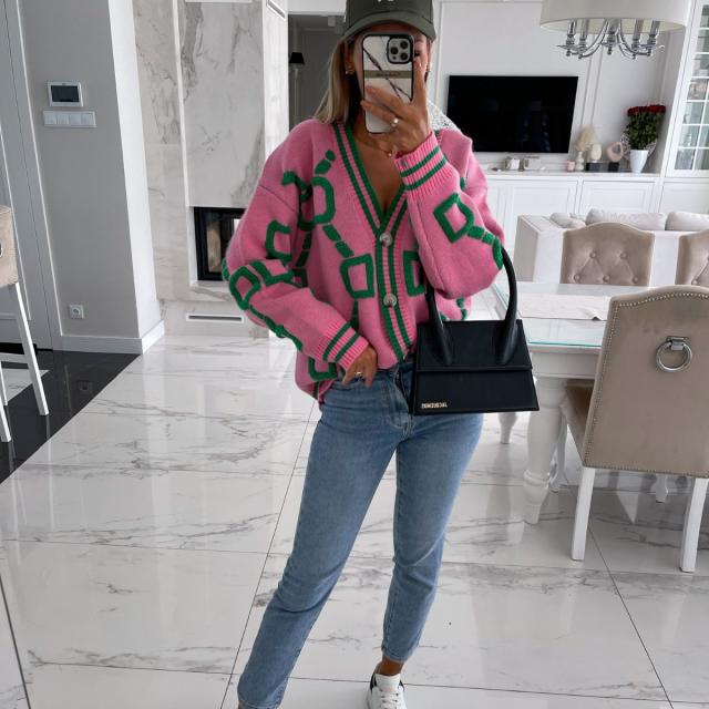 2025 Autumn Winter New Casual Contrast Letter Single-Breasted Long-Sleeved Knitted Sweater Cardigan Jacket