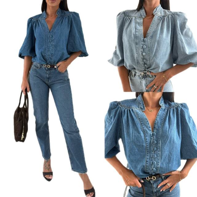 Vintage Lantern sleeves V neck denim shirt for women tops for women