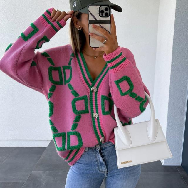 2025 Autumn Winter New Casual Contrast Letter Single-Breasted Long-Sleeved Knitted Sweater Cardigan Jacket