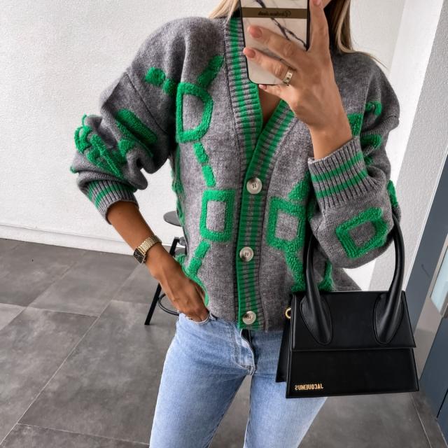 2025 Autumn Winter New Casual Contrast Letter Single-Breasted Long-Sleeved Knitted Sweater Cardigan Jacket