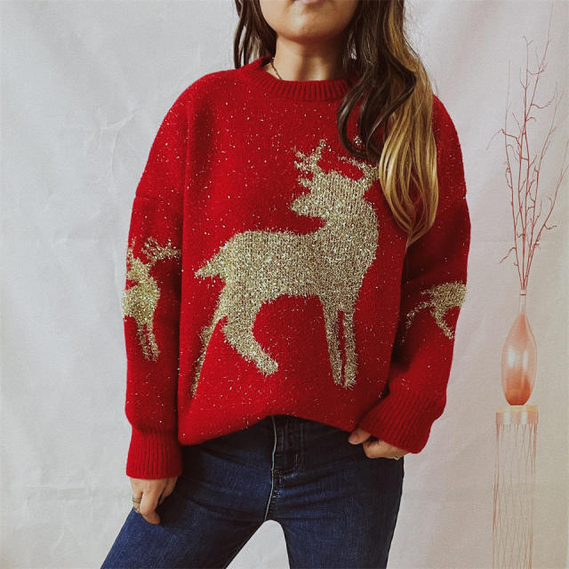 Autumn winter loose gold line jacquard deer pattern round neck long sleeve Christmas sweater