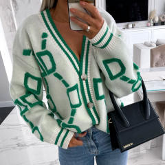 2025 Autumn Winter New Casual Contrast Letter Single-Breasted Long-Sleeved Knitted Sweater Cardigan Jacket