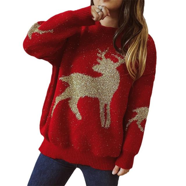 Autumn winter loose gold line jacquard deer pattern round neck long sleeve Christmas sweater