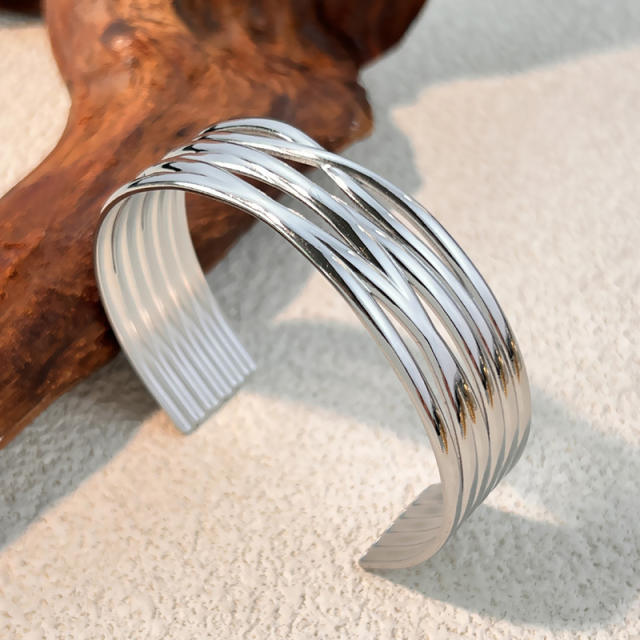 Creative multi layer line design hollow out stainless steel cuff bangle bracelet