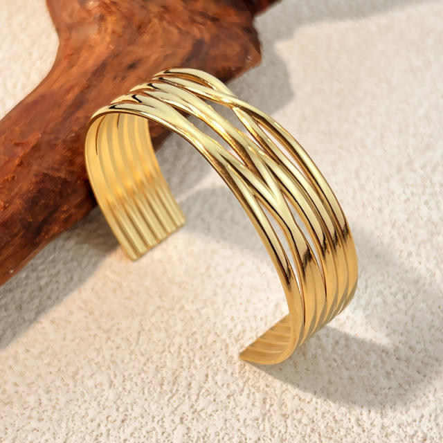 Creative multi layer line design hollow out stainless steel cuff bangle bracelet