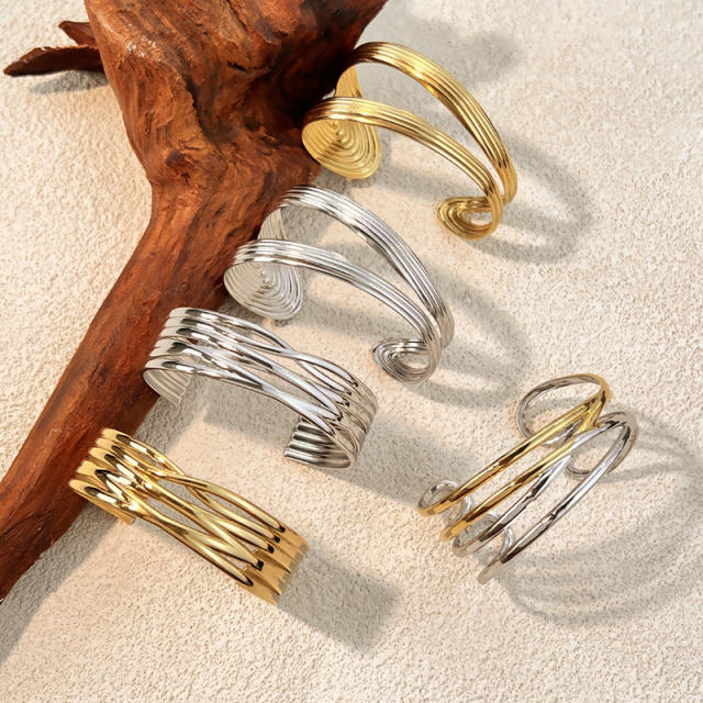 Creative multi layer line design hollow out stainless steel cuff bangle bracelet