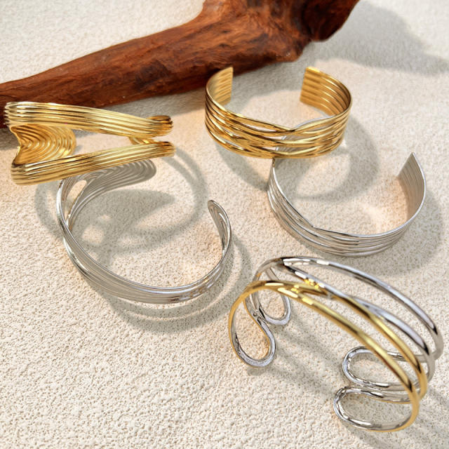 Creative multi layer line design hollow out stainless steel cuff bangle bracelet