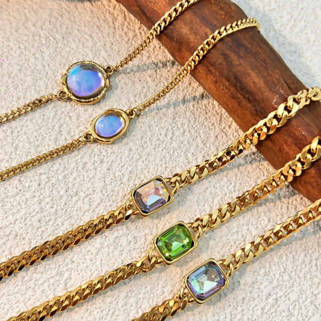 Colorful glass crystal inlaid thick chain stainless steel bracelet