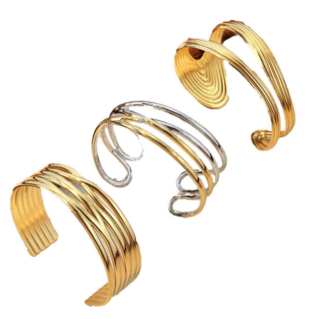 Creative multi layer line design hollow out stainless steel cuff bangle bracelet