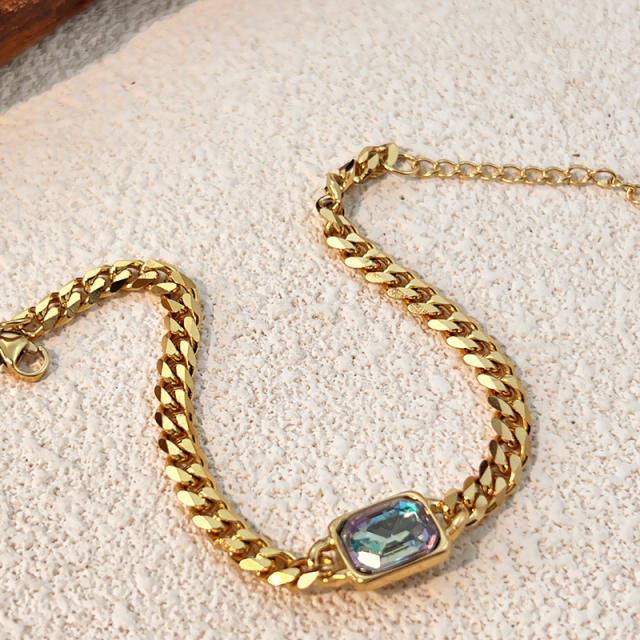 Colorful glass crystal inlaid thick chain stainless steel bracelet