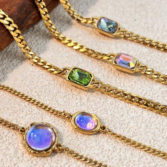 Colorful glass crystal inlaid thick chain stainless steel bracelet