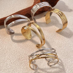 Creative multi layer line design hollow out stainless steel cuff bangle bracelet
