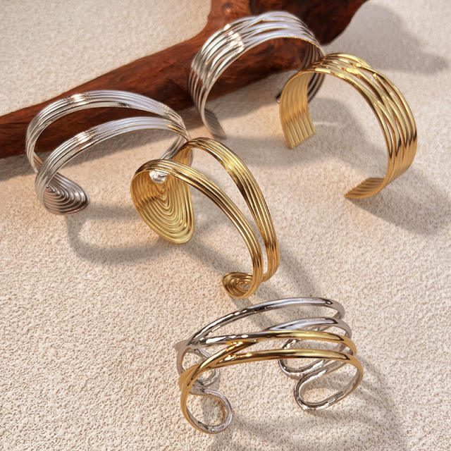 Creative multi layer line design hollow out stainless steel cuff bangle bracelet