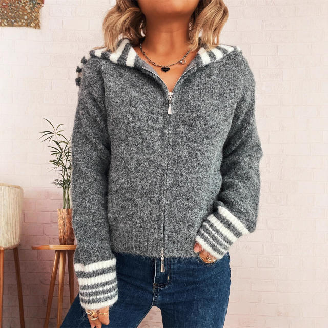 Autumn winter Simple contrast color large lapel zipper knitted cardigan