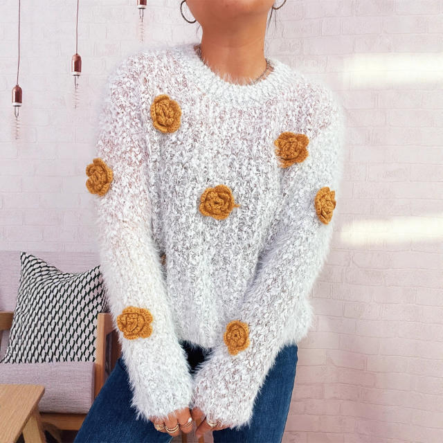 Gradient color 3D flower cute pink round neck long sleeve knitted pullover sweater