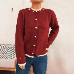 Elegant plain color pearl bead knitted sweater cardigan