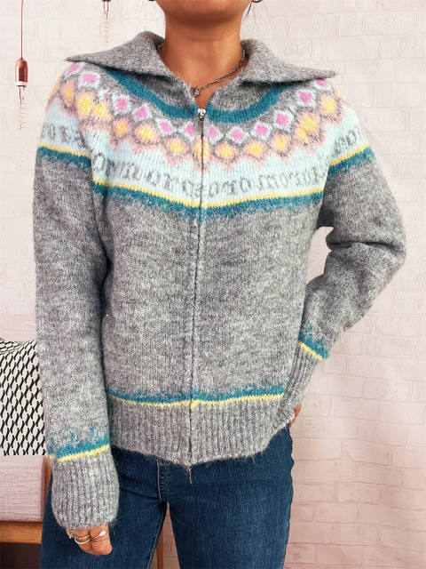 Retro pattern contrast color jacquard lapel knitted cardigan zipper sweater jacket